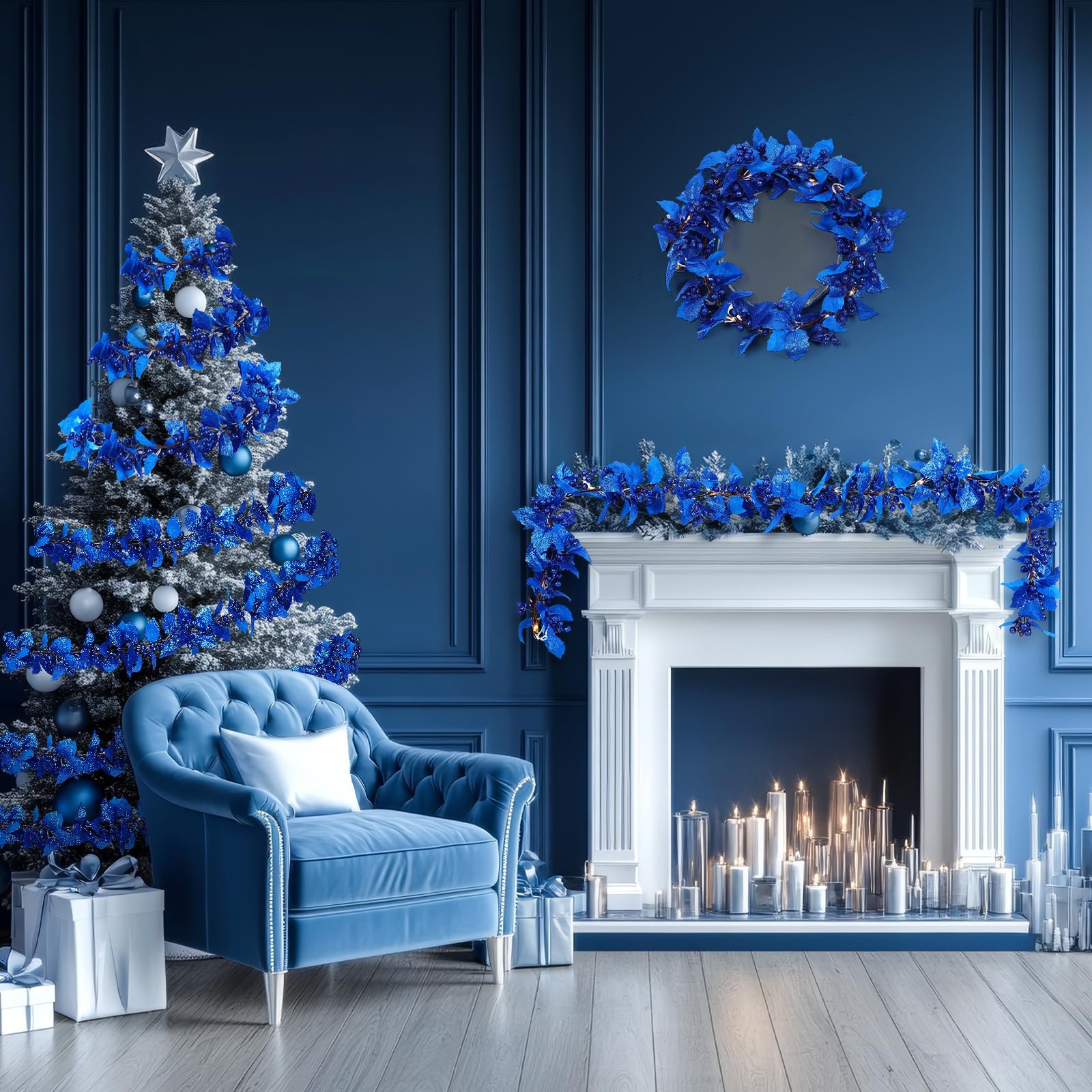 Syhood Guirlande de baies de Noël de 1,8 m - Guirlande lumineuse de feuilles de houx artificielles pour intérieur - Décoration d'automne et de Noël - Guirlande lumineuse pour cheminée, cheminée - Bleu