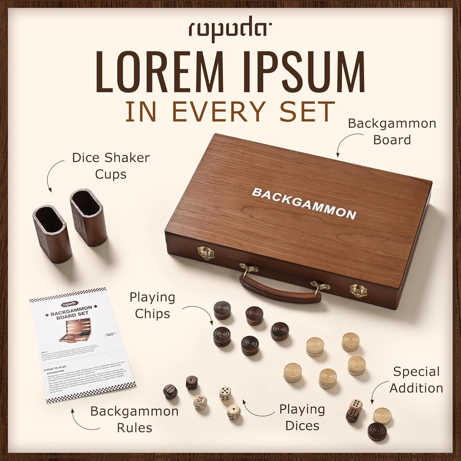 ropoda Sapele Wood Backgammon Board Game Set (15 Inches) for Adults and Kids - Classic Board Strategy Game - Portable and Travel Backgammon Set with Wooden Playing Pieces and Accessories