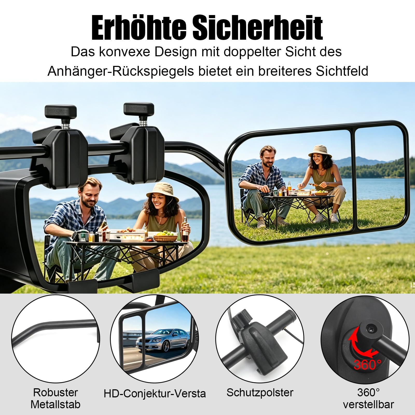 Hoypeyfiy 2 Stück Links Und Rechts Wohnwagenspiegel Universal Zusatzspiegel, 360°-Dreh-Konvexspiegel, Universell für Campingbusse, Reisemobile und LKW