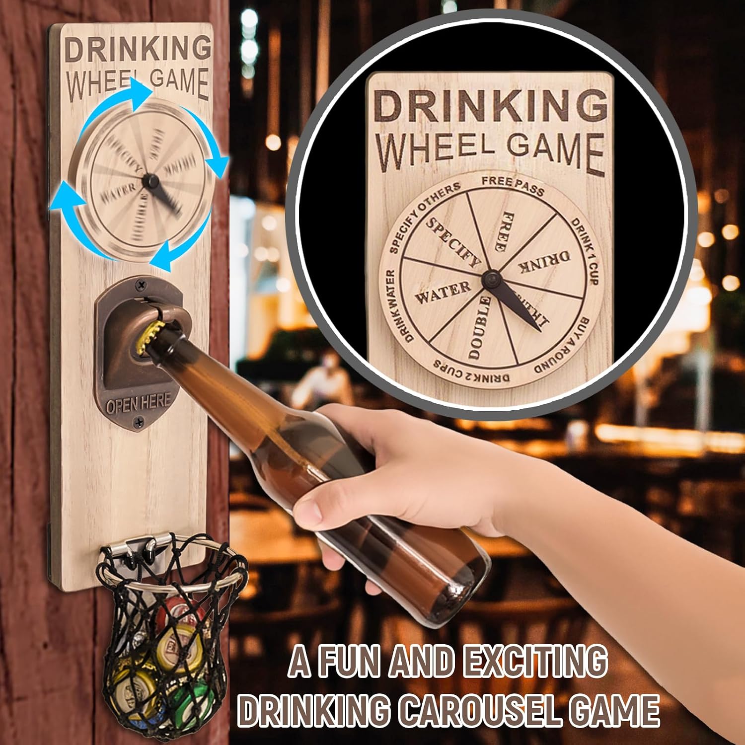 Magnetic Bottle Openers with Catcher, Wall Mounted Wooden Beer Bottle Opener with Game Roulette, Traceless Corkscrew, Home Bar Accessories for Kitchen, Outdoor, Ideal Beer Gifts for Men (Style 9)