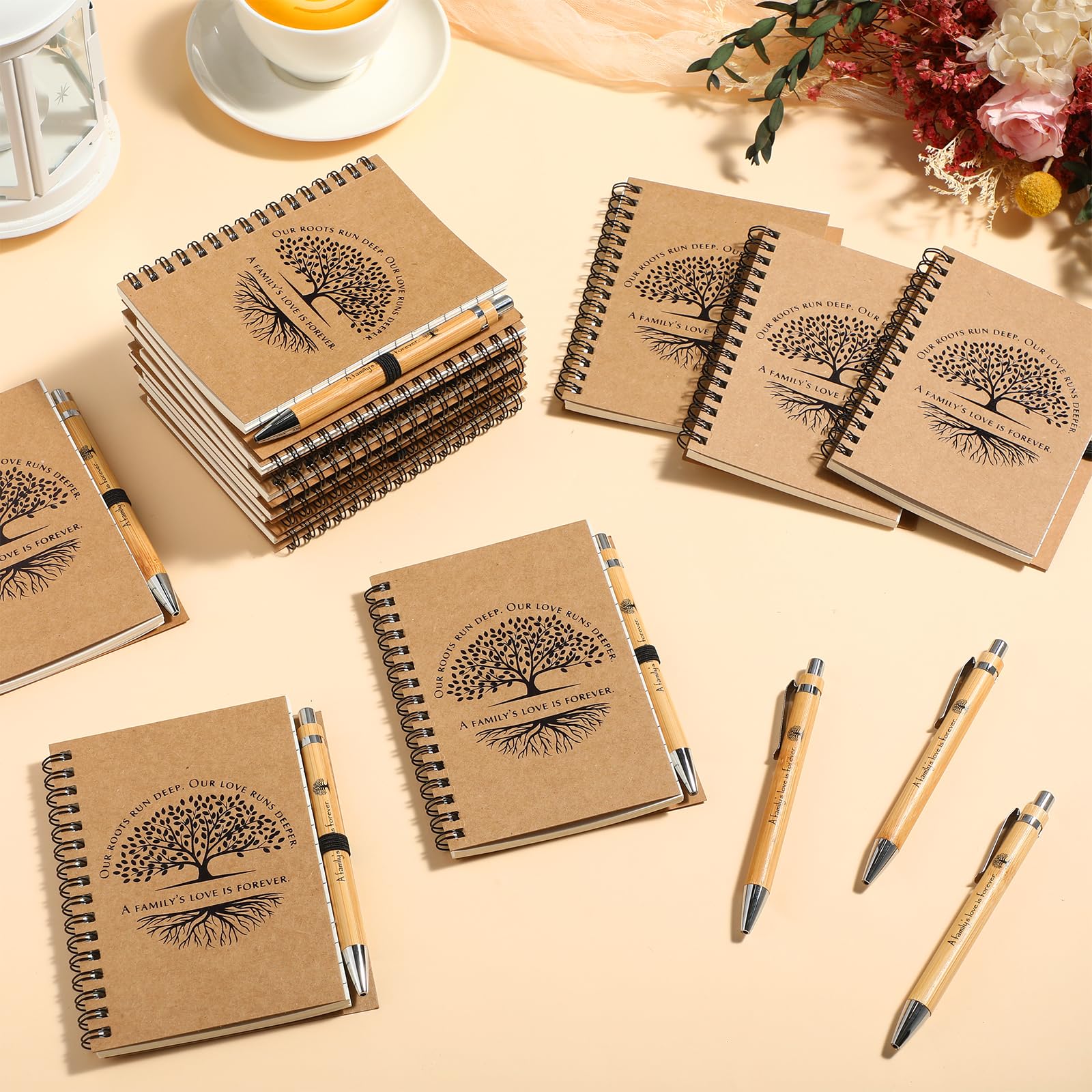 Set di 30 quaderni e penne per riunioni di famiglia, con quaderni a spirale profonda, con penne retrattili in bambù, bomboniere per riunioni, ospiti (kraft)