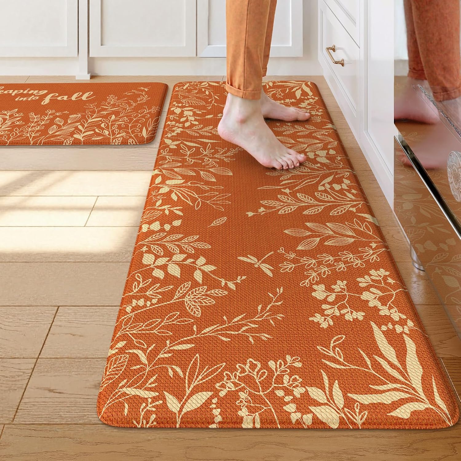 KIMODE Autumn Kitchen Mats for Floor Cuhioned Anti Fatigue,Fall Leaping Farmhouse Decor Kitchen Rugs Non Slip Sets of 2,Padded Memory Foam Kitchen Mat for Home Laundry,Dark Orange