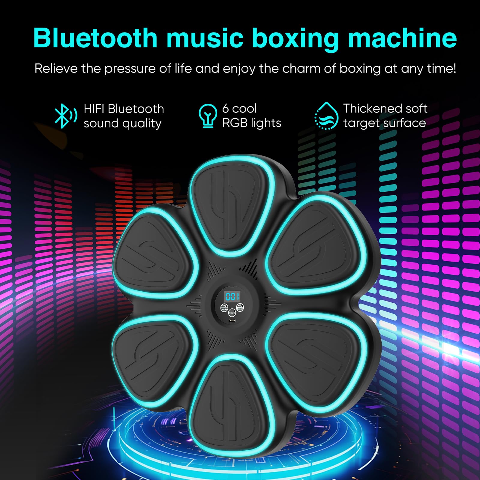 Music Boxing Machine, Bluetooth Elektronische Boxmaschine mit 2 Paar Boxhandschuhen, 9 Geschwindigkeits und Trainingsmodi, Zählmodus, LED Licht Musikboxing Maschine für Erwachsene und Kinder (Schwarz)