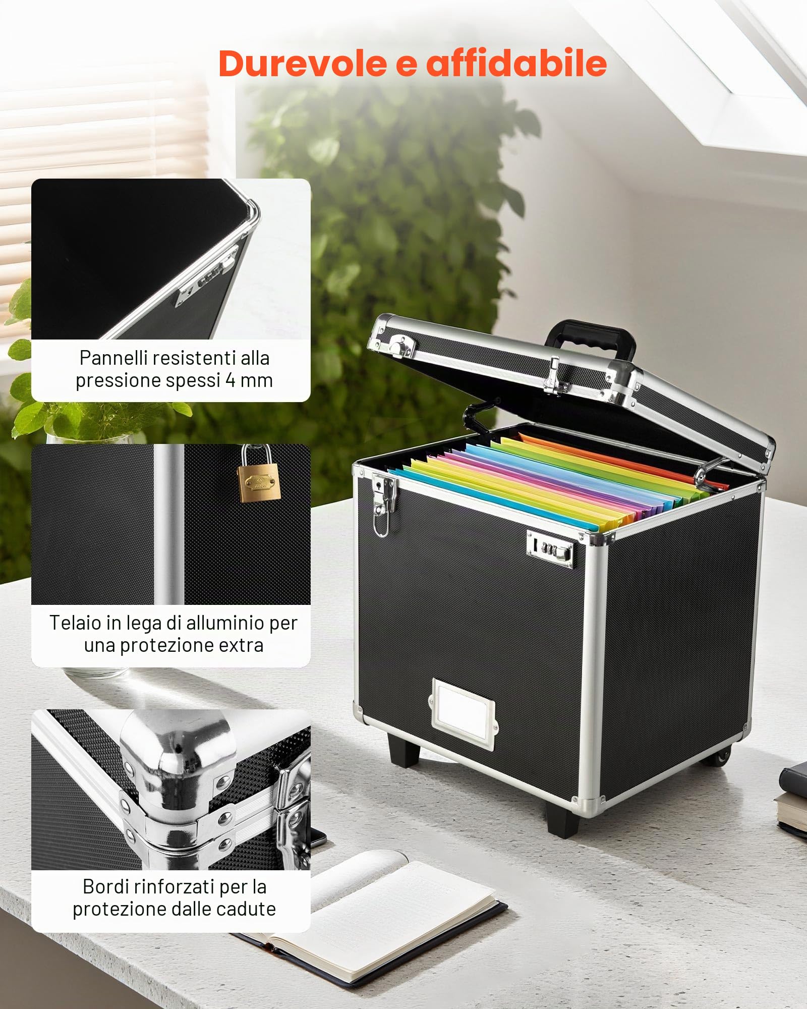 VEVOR Valigetta Portadocumenti con Ruote 39,6 x 32 x 38,1 cm Custodia Portadocumenti Portatile con Serratura Manico Telescopico, Scatola per Documenti per Ufficio, Viaggi di lavoro, Traslochi