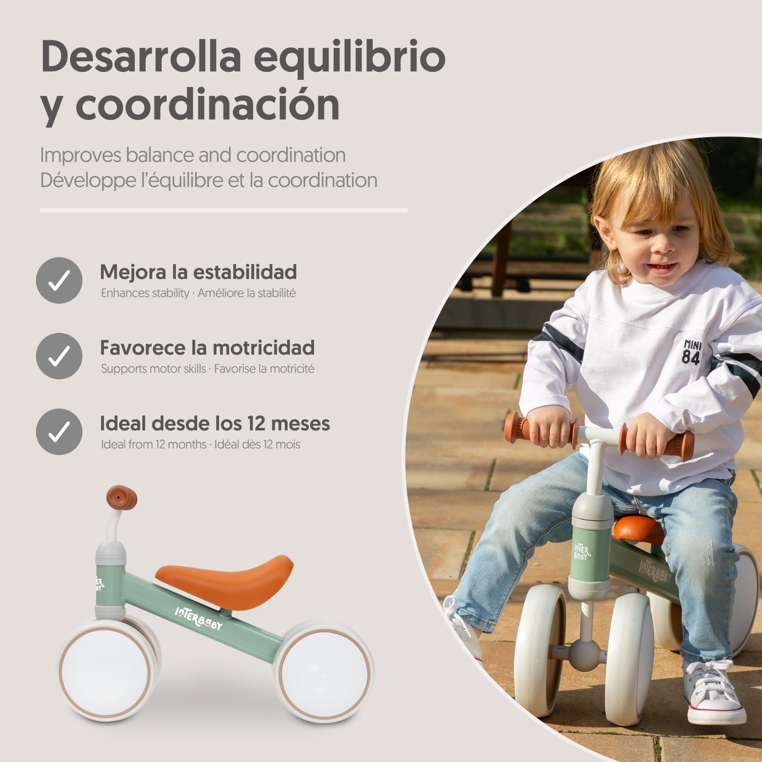 Interbaby Bicicleta sin Pedales Bebé 1 a 3 Años - Bicicleta de Equilibrio para Niños 12-36 Meses, Correpasillos Bebé Seguro 4 Ruedas, Primera Bici Niño 1-2 Años, Regalo Bebé 1 Año (Verde)