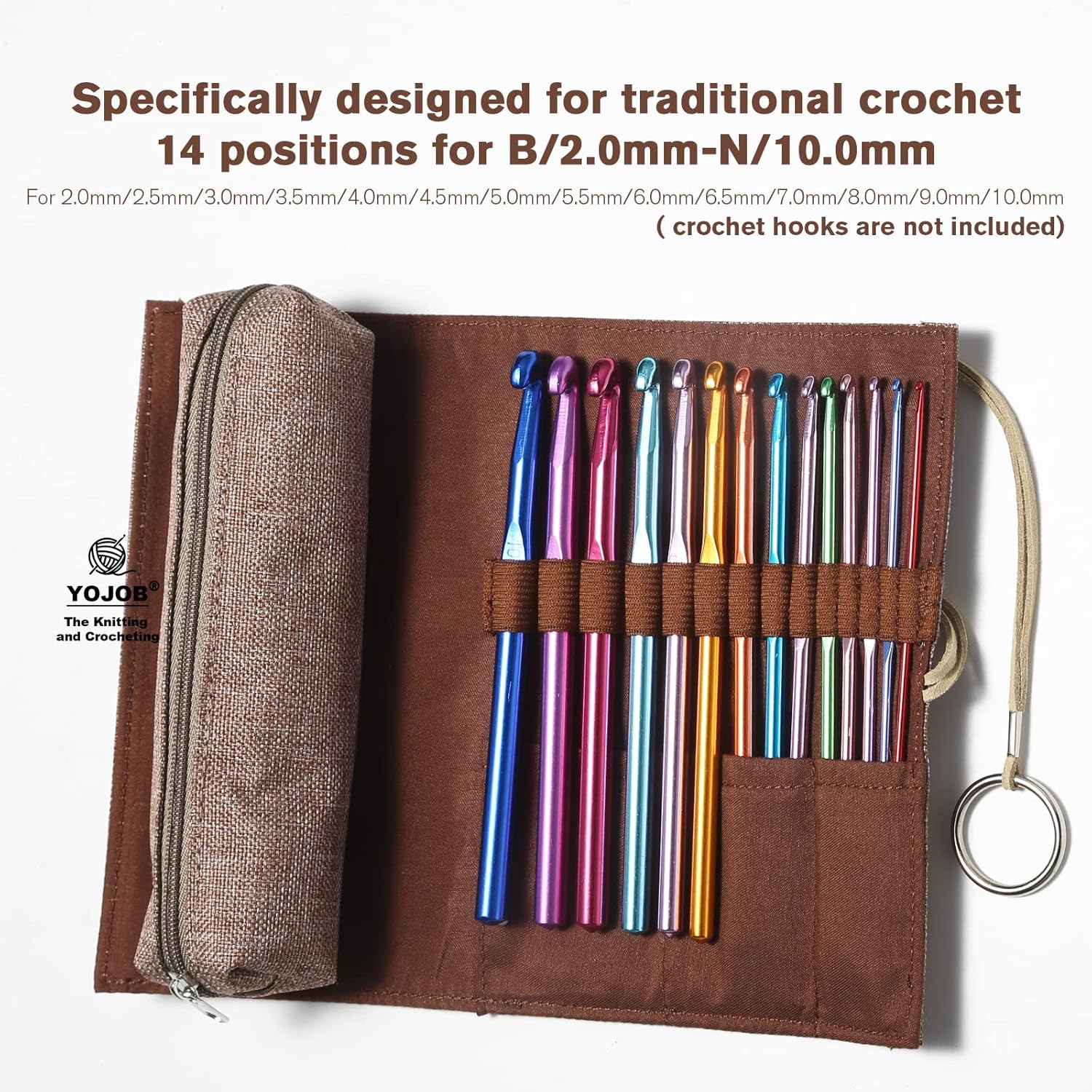 Traditional Aluminum Crochet Hooks Case, 14 Slots Roll-up Crochet Hook Organizer with a Detached Zipper Bag (Beige-Orange) - Image 2