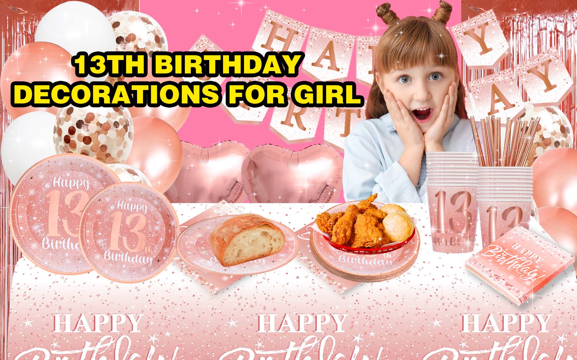 Decoraciones De Cumpleaños Número 13 Para Niñas: Pancarta De Fiesta De Oro  Rosa, Globo De Feliz, image size:1920x1200