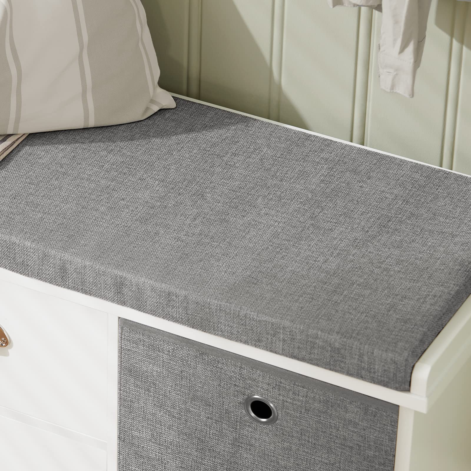 SoBuy Banc de Rangement avec Coussin Rembourré, Meuble Bas Entrée, Commode à Chaussure avec 2 Tiroirs et 2 Paniers,Armoire à Chaussure, pour Entrée, Salon, Blanc et Gris, 100x35x50 cm, FSR66-HG