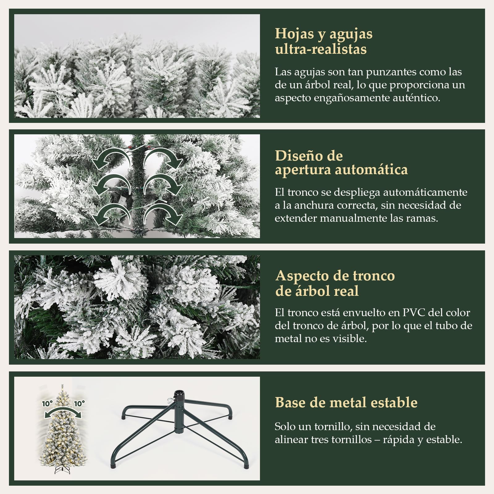 SALCAR Arbol de Navidad Blanco Artificial 180 cm, Árbol de Navidad Nevado con Guantes y 828 Puntas de Rama, Pino de Navidad con Soporte de Madera, Abeto, Ignífugo