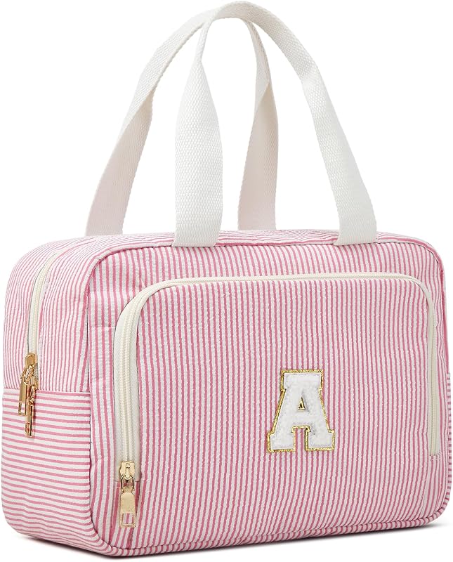 Necessaire ZOEMTIU rosa com inicial A, compartimentos e alça, tecido seersucker listrado, Z6-Pink-A