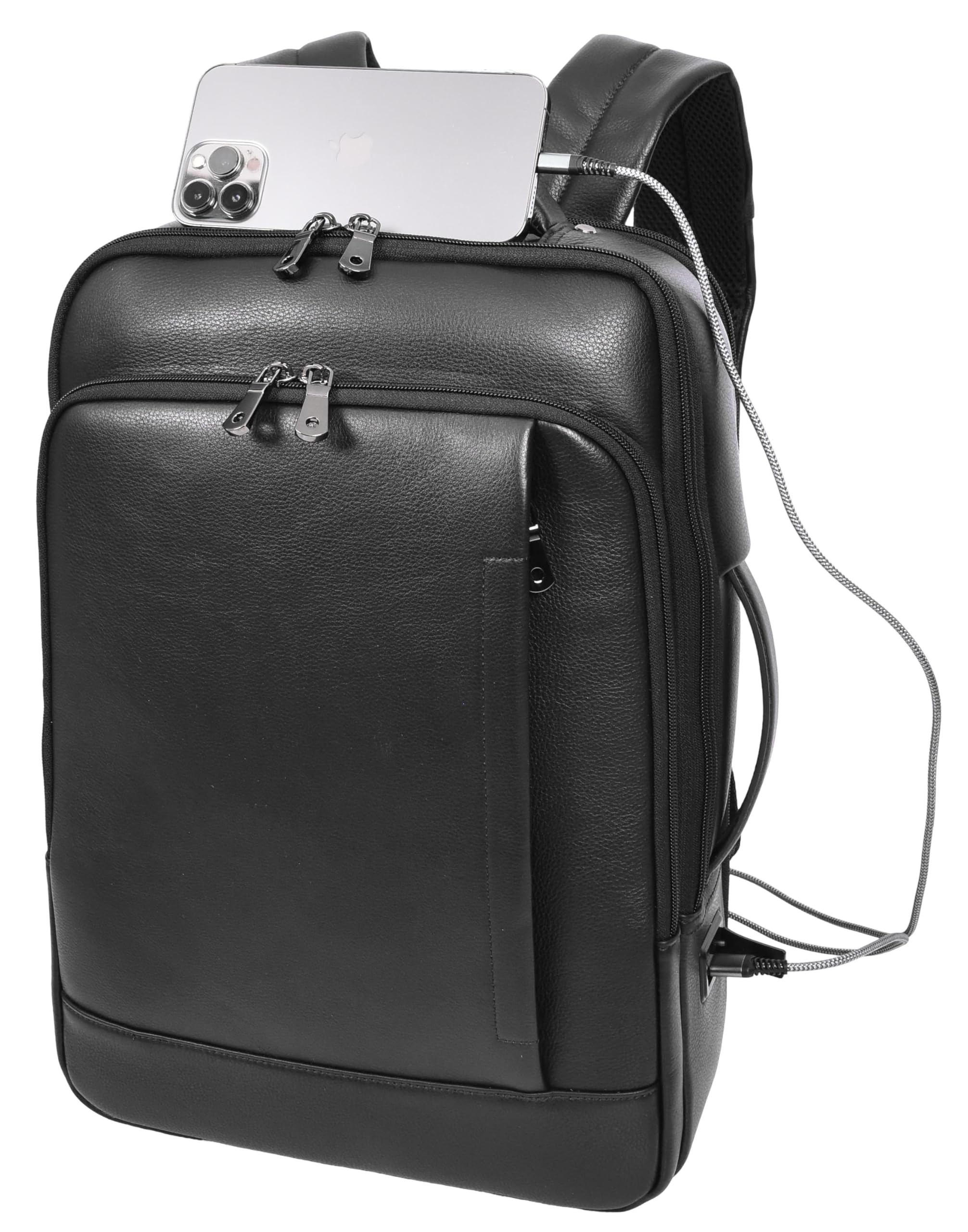 Sac à dos en cuir véritable noir grand format L avec chargeur USB - 8