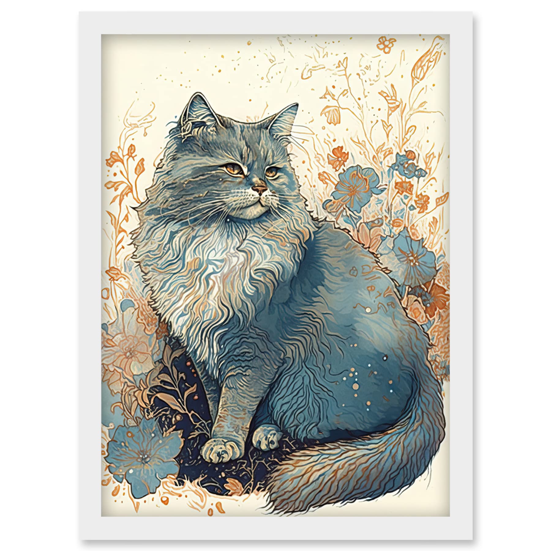 Artery8 Fluffy Cat in Wildflowers Teal and Orange Watercolour Illustration Artwork Framed Wall Art Print A4