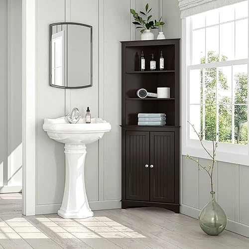 Miniatura 5 de Spirich Armario esquinero alto con dos puertas y estantes de tres niveles, armario de almacenamiento esquinero independiente para baño, cocina, sala