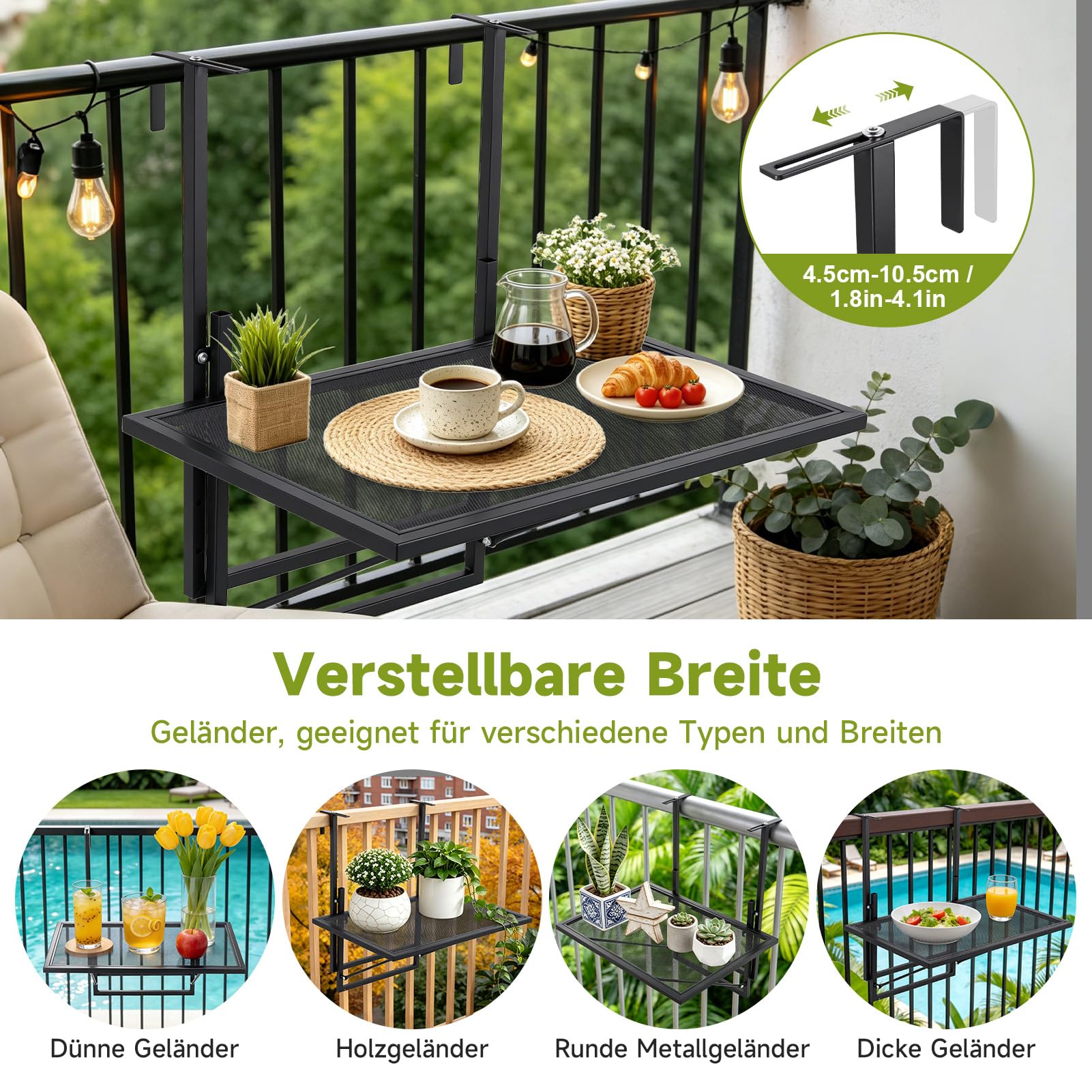 papasbox Table de balcon pliable - 60 x 40 cm - Réglable en hauteur sur 5 niveaux - Table suspendue pour balcon et terrasse