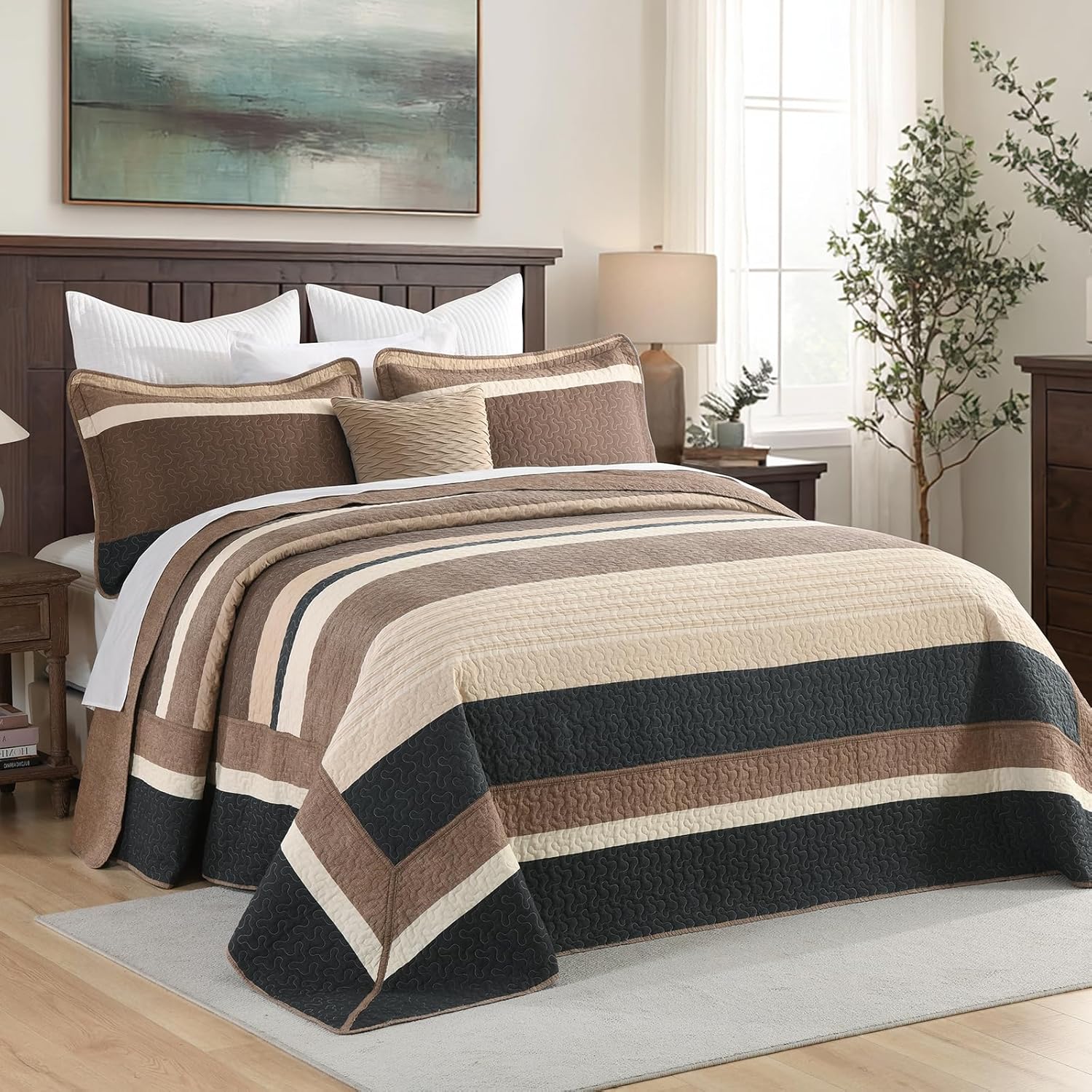 Finlonte Bedspread Queen Size 100% Cotton Oversized Queen Size Bedspreads Charcoal Brown Beige Quilted Bed Spread Striped Farmhouse Lightweight Soft Bedding Sets for All Season, 3 Piece