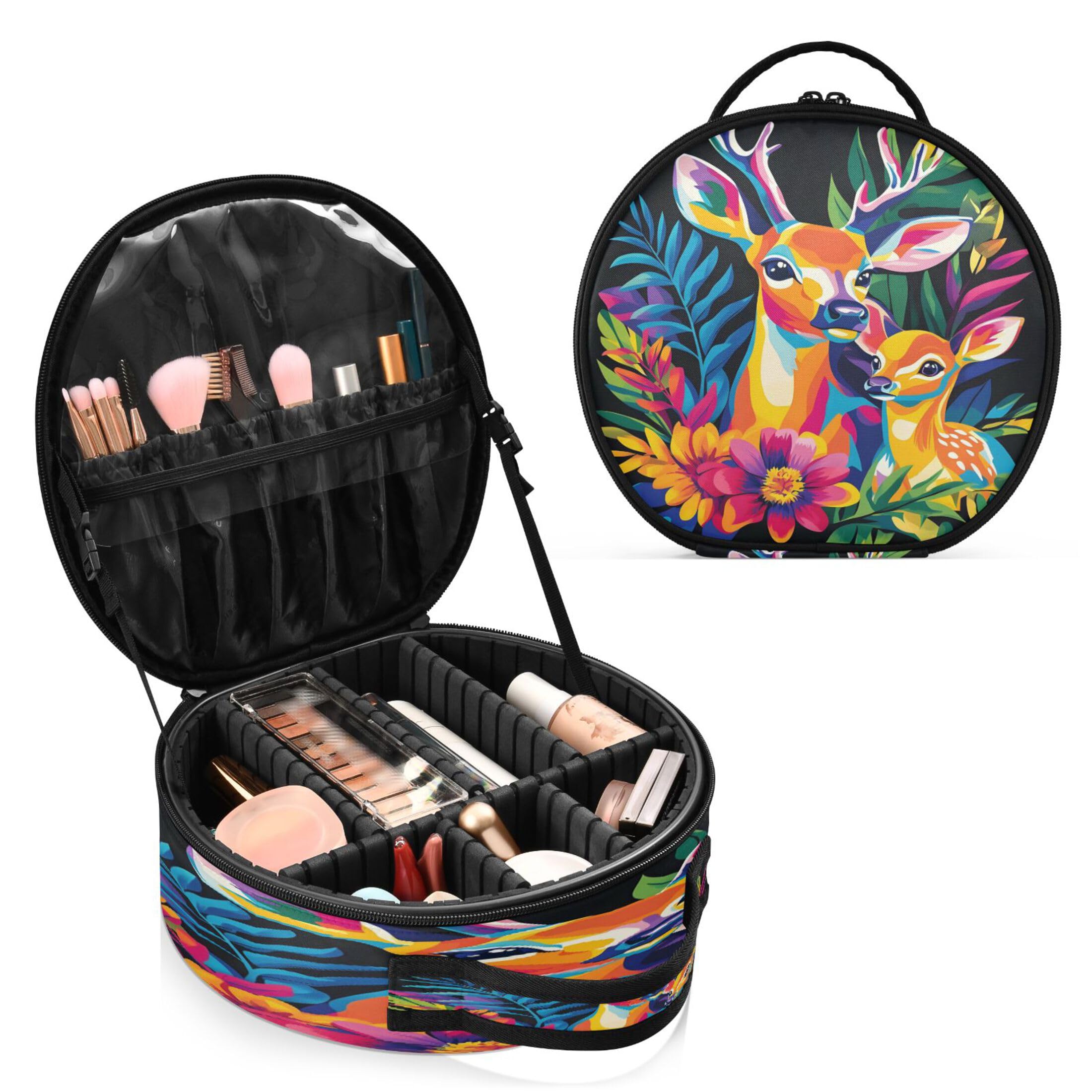 Takiito Colorful Deer Travel Makeup Case Portable Makeup Box Artist Cosmetic Case Organizer With Adjustable Dividers