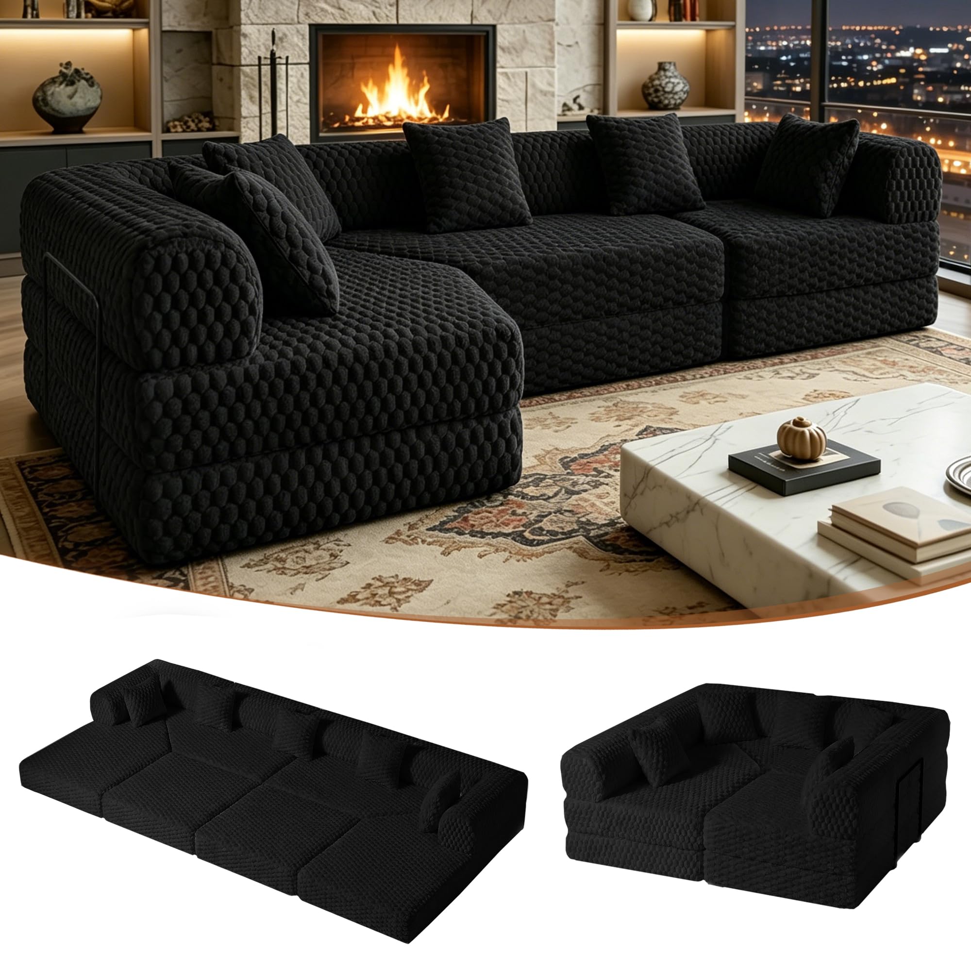 Photo 1 of Hretanant 109" L Shaped Modular Sectional Sofa, Convertible Sleeper Sofa Bed,Velvet Foldable Sofa Couch with Fixed-Shape Frame,Floor Mattress Boneless Couches for Living Room-No Assembly (Black)