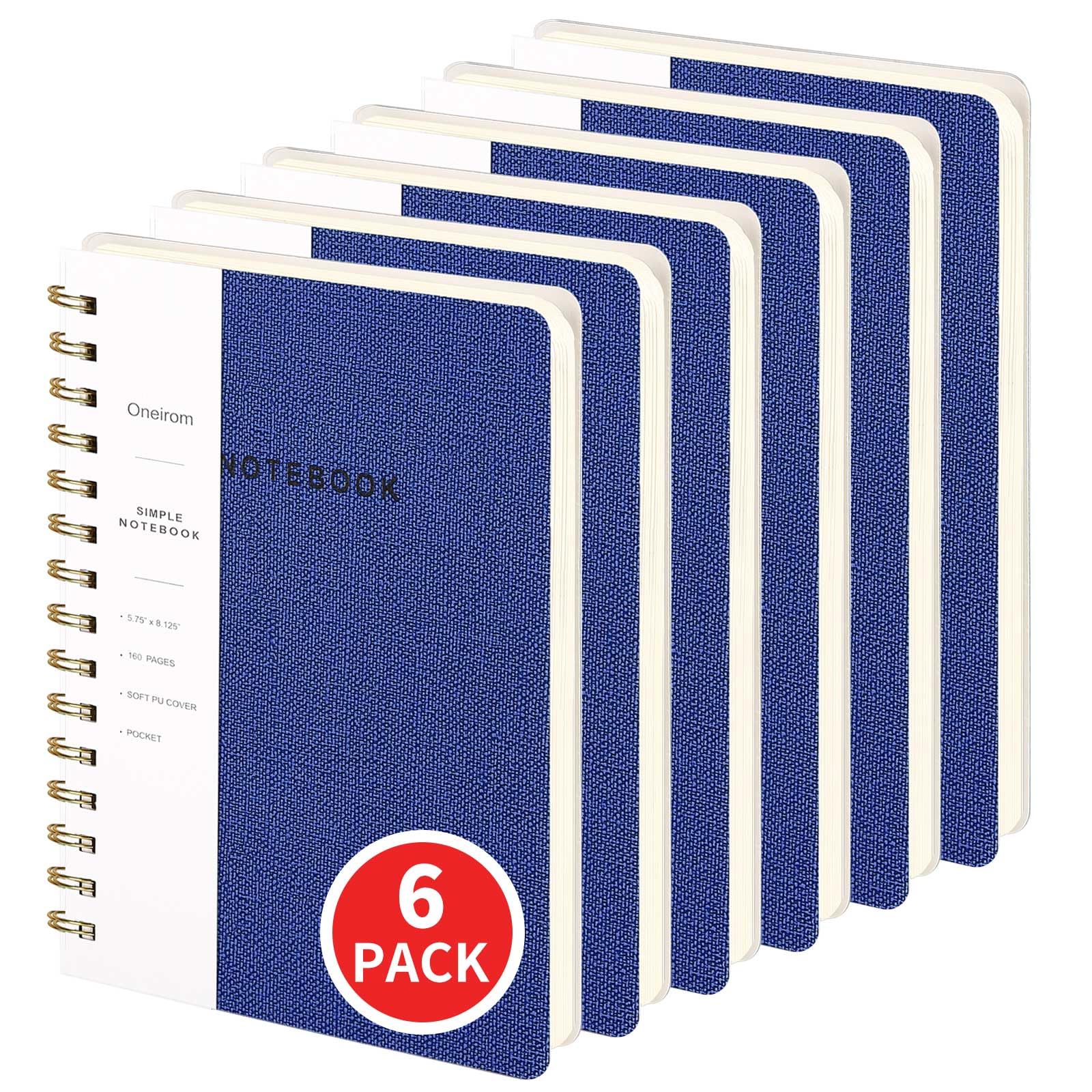 Quaderno a spirale a righe, formato A5, per prendere appunti, 160 pagine, per ufficio e casa, materiale scolastico, 14,6 x 20,6 cm (confezione da 6, blu navy)