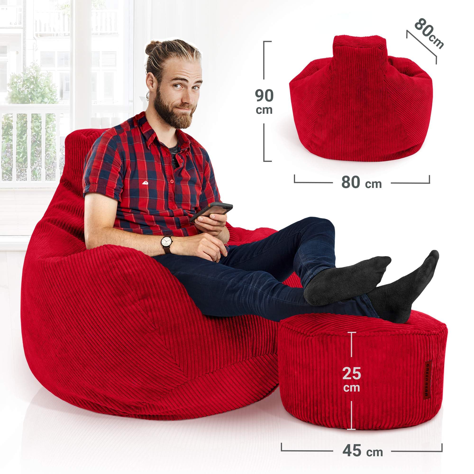 Green Bean© Pouf avec Tabouret en Velours côtelé - Pouf pour Salon, Chambre à Coucher - Fauteuil pour Adulte - Rouge - Environ 230 l - Rembourrage : 90 x 80 x 80 cm et 45 x 25 cm