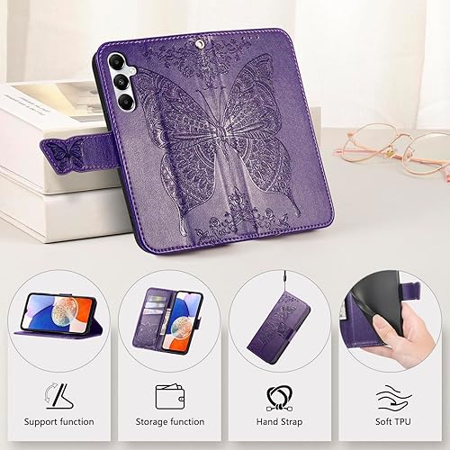Miniatura 7 de Funda tipo cartera para Galaxy A14 5G (estampado de mariposas y flores) de cuero, con ranuras para tarjetas y función atril para Samsung Galaxy A14
