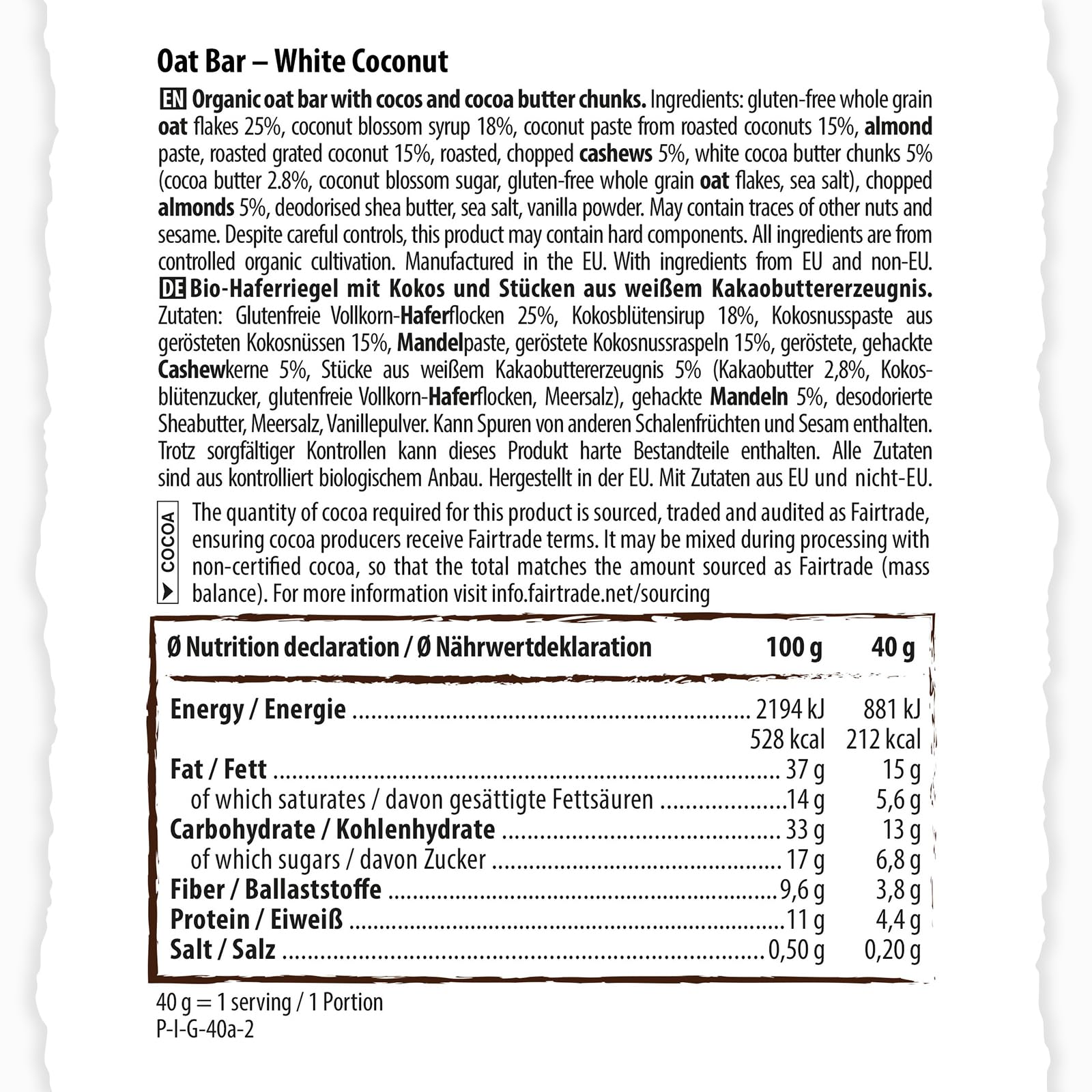 Naturally Pam Oat Bar - Bio Haferriegel von Pamela Reif - Müsliriegel aus Haferflocken & Nüssen - Vegan & Glutenfrei - White Coconut 12 x 40g