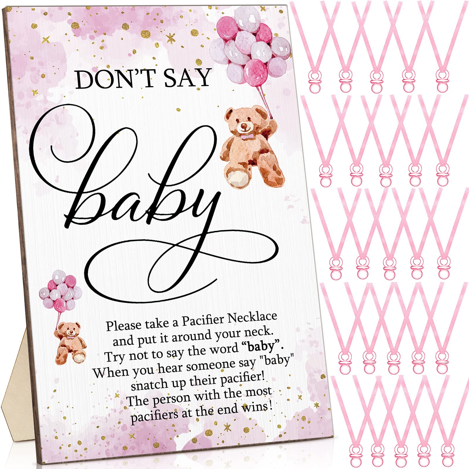 Wesiti 51 Pcs Cool Baby Shower Game Wooden Bear Sign Gift Sets 50 Baby Shower Pacifiers Necklace Acrylic Pacifier for Gender Reveal Party Favor(Pink)