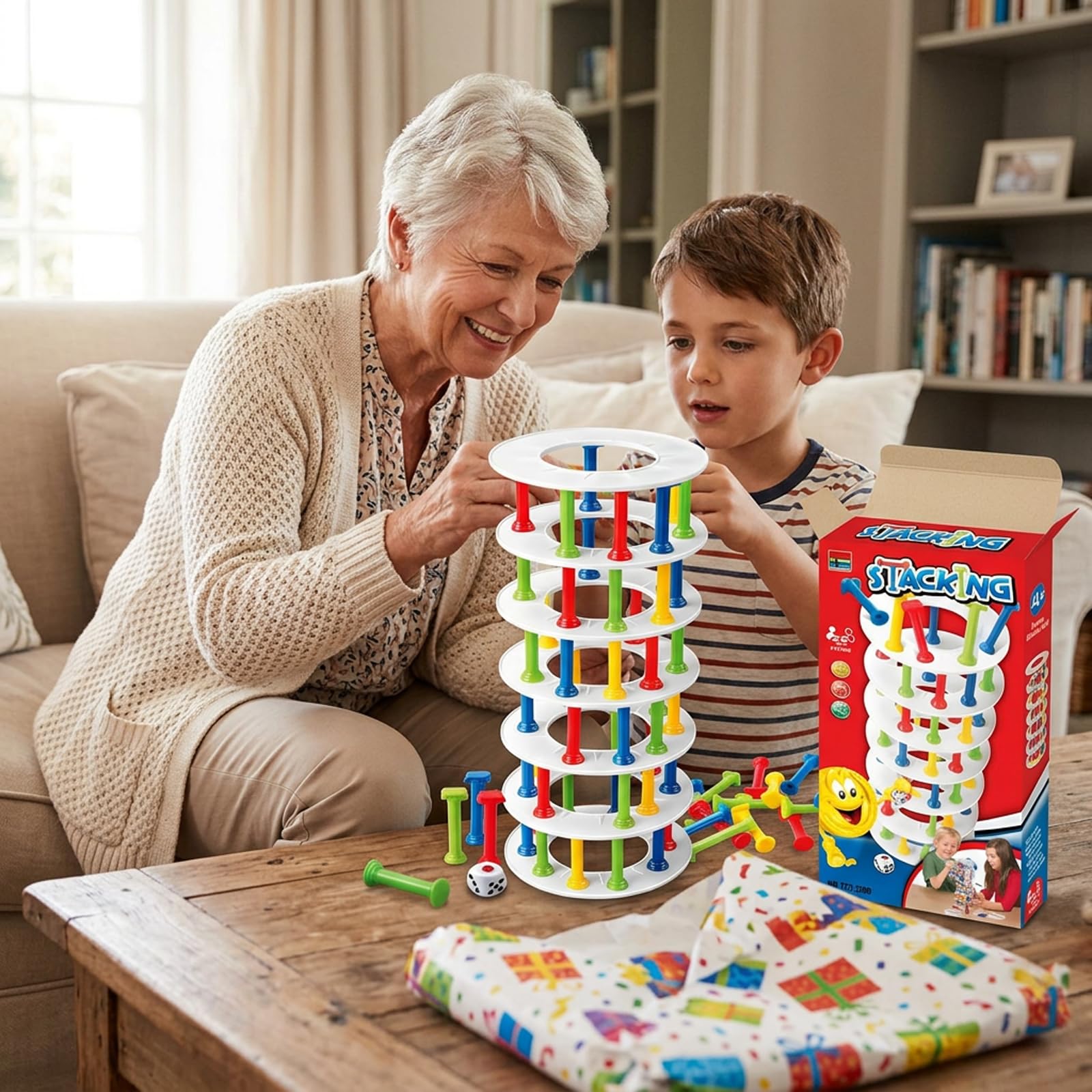 Juegos de Mesa Niños 3 4 5 Años, Montessori Juguetes Niñas 6 Años y Niños, Juego de Construcción y Equilibrio con Dados Colores, Juguete para Habilidades, Regalo Cumpleaños, Juego Familiar