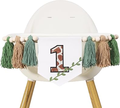 Wild One High Chair Banner - Woodland Boys 1st Birthday Decorations , First Birthday Highchair Banner with Tassels Leaves , Jungle Safari Smash Cake Party Banner , Wild One Wall Hanging Decoration Wild One Banner Giraffe