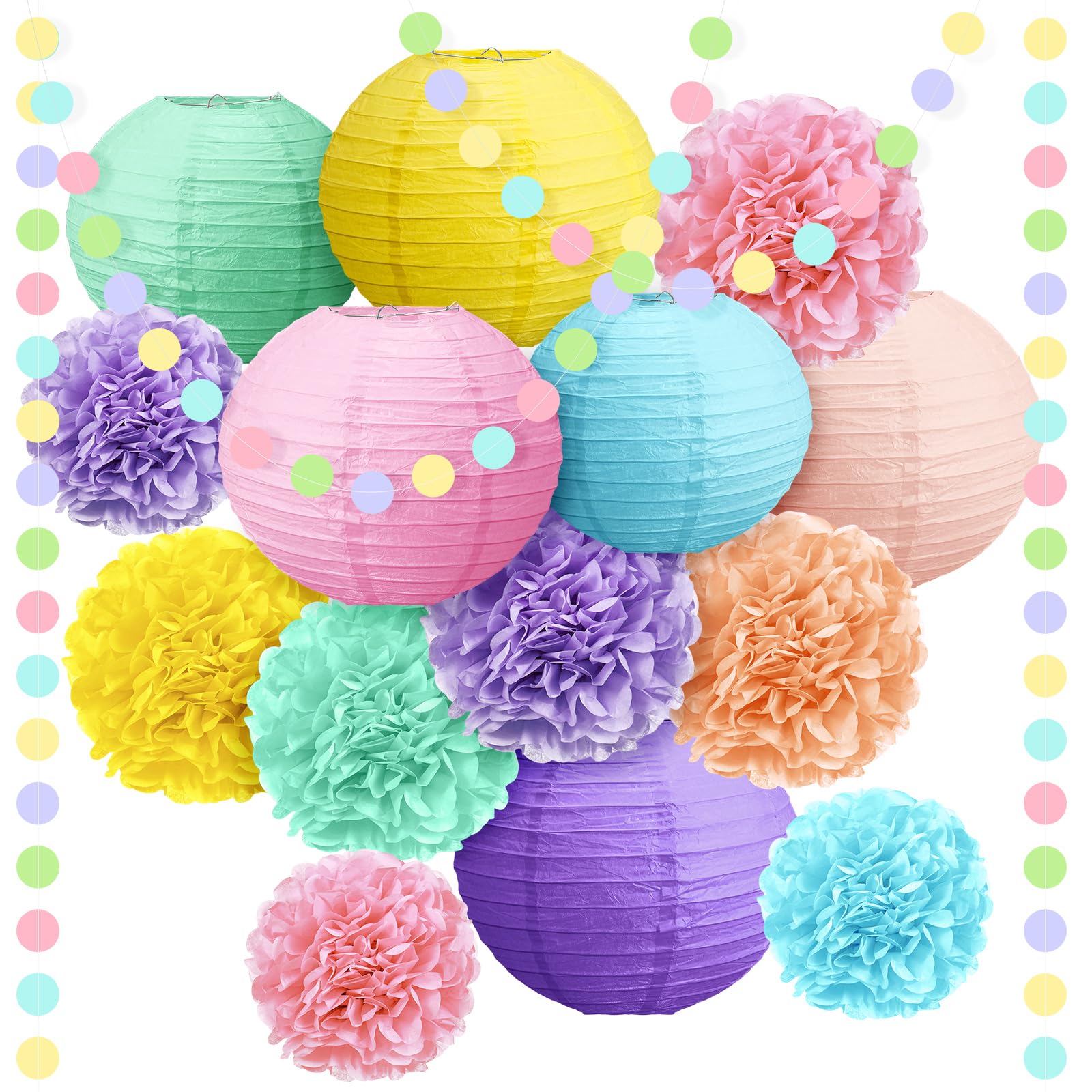 Glooglitter 26 Pcs Pastel Party Decorations Includes 12 Colorful Paper Lanterns 12 Macaron Tissue Paper Pom Poms 2 Pastel Circle Dot Garland for Birthday Neon Rainbow Wedding Hanging Supplies