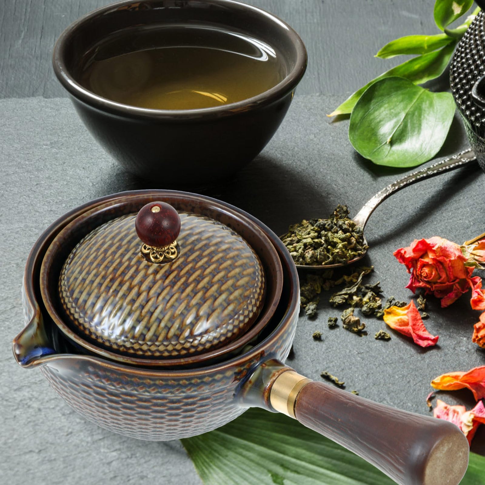 POPETPOP Tetera Cuerpo de Acero Inoxidable y Madera Marrón Cerámica Resistente al Calor Filtro Fácil de Limpiar para Hacer Té Kung Fu en Casa