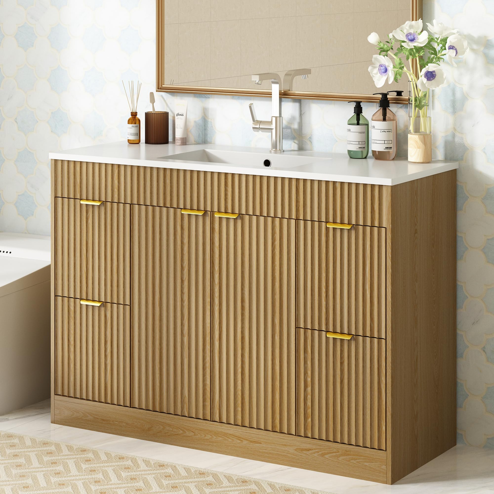 CARPETNAL 48 Inch Bathroom Vanity with Sink, Modern Fluted Bathroom Vanity with Sink with Storage Cabinet, Adjustable Shelf and 2 Soft Closing Doors &