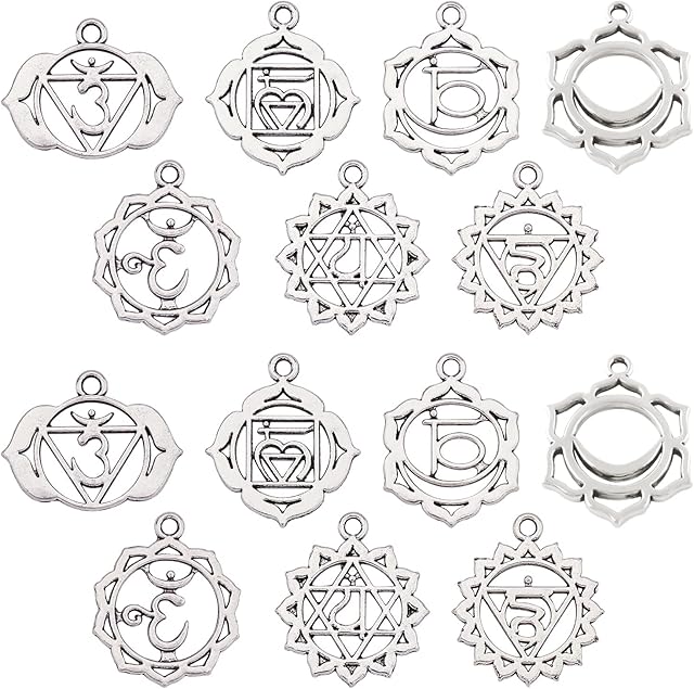SUNNYCLUE 1 Box 42pcs 7 Styles Chakra charms Indian Energy Charms Jewelry Findings Making Accessory Supplies for DIY Necklace Bracelet Crafting, Antique Silver