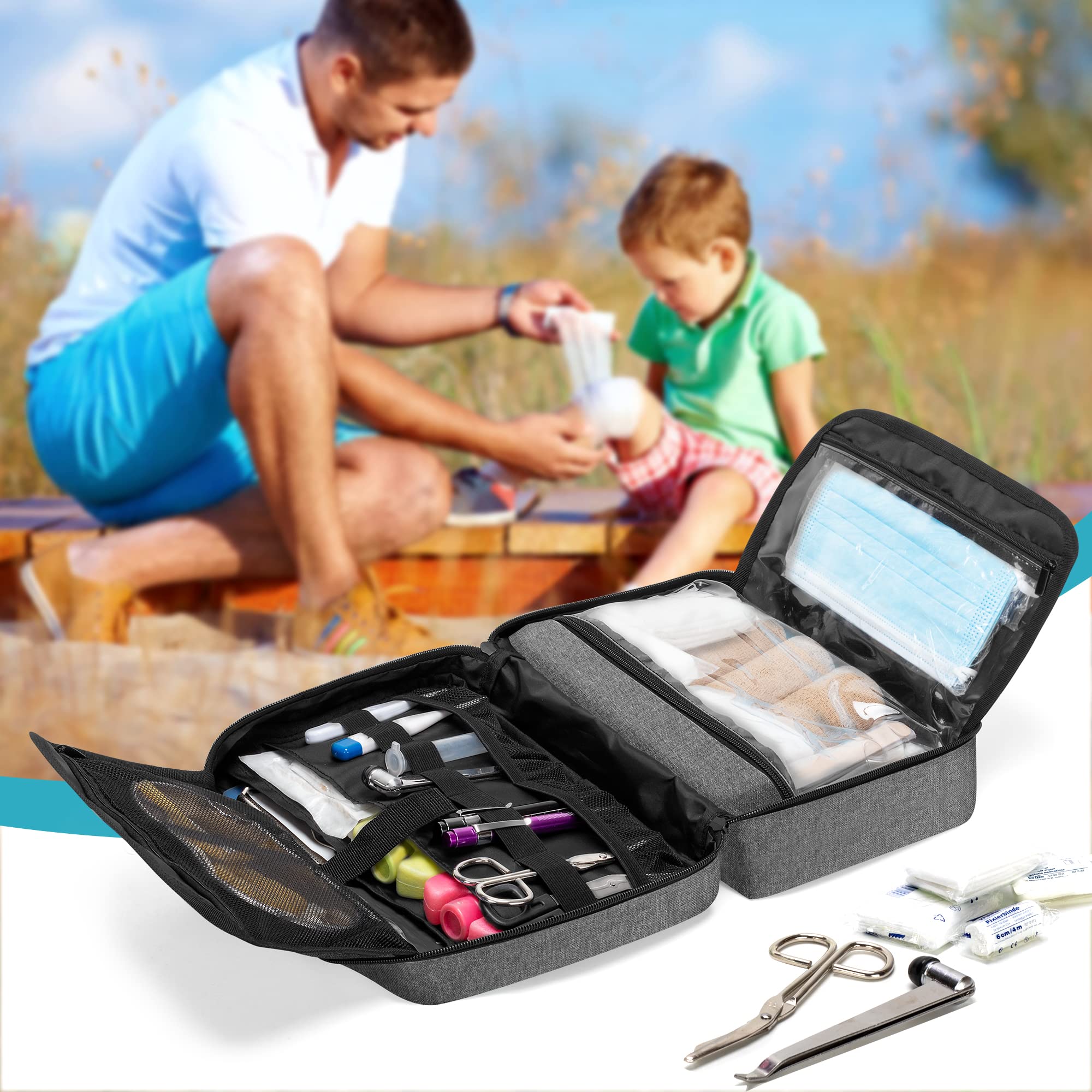 Trunab First Aid Kit Borsa Medica, Borsa Portatile per Forniture Mediche, Botiquin Primeros Auxilios con 2 Lembi Interni ed Tasche Multiple, Ideale per Casa, Campeggio, Viaggi ed Escursioni, Grigio