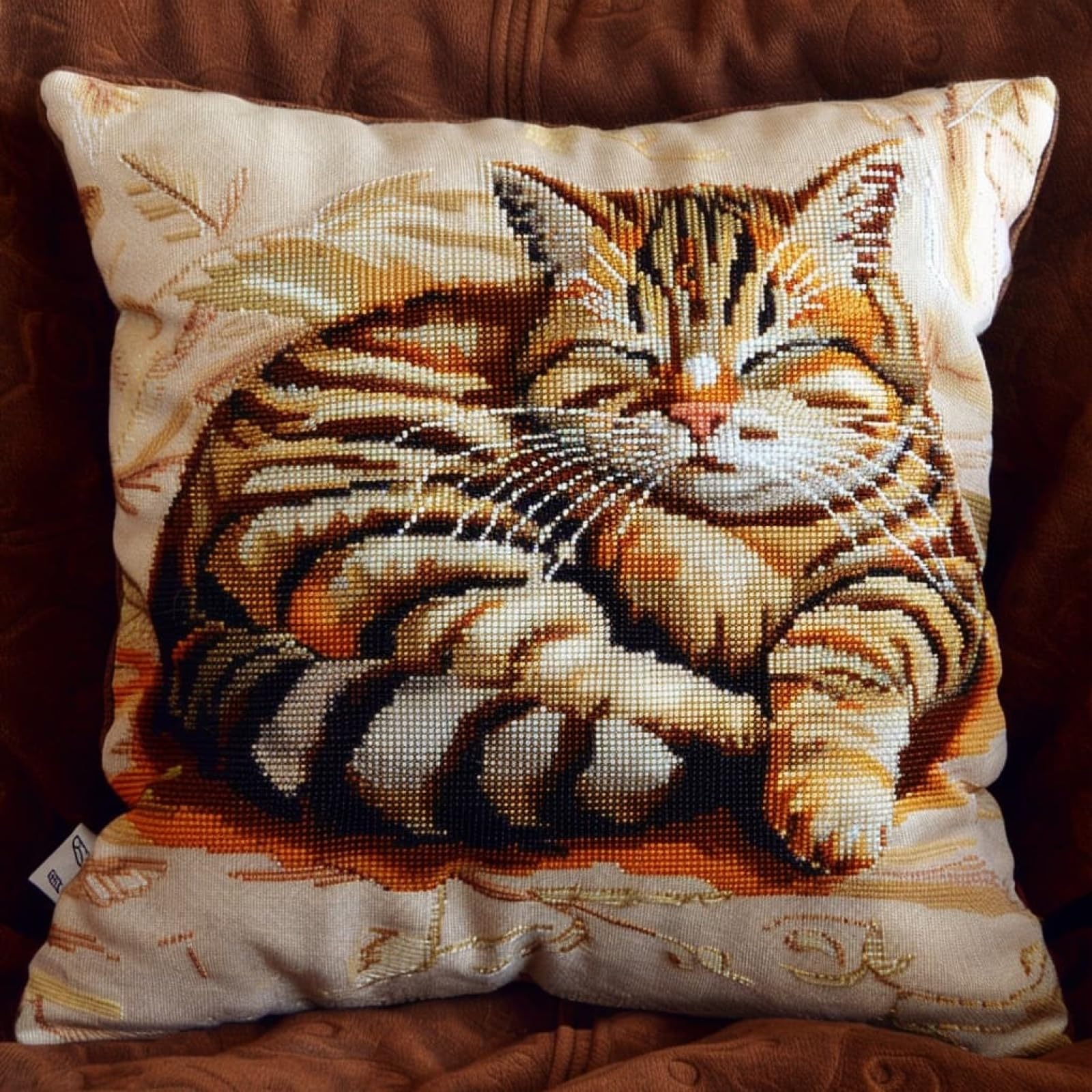 Henypt Latch Hook Pillow Craft Kit 43x43cm,A Sleeping cat 17x17 Inch,Complete Starter Kit with Tools and Yarn for Beginners & Craft Enthusiasts