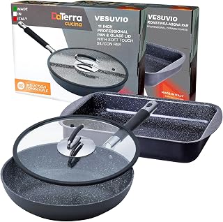DaTerra Cucina Nonstick Supper Bundle – 11" Frying Pan with Lid & Roasting/Lasagna Pan – Oven Safe, Durable & Stylish - PTFE & PFOA Free - Made in Italy, Volcanic Black Speckled Ceramic