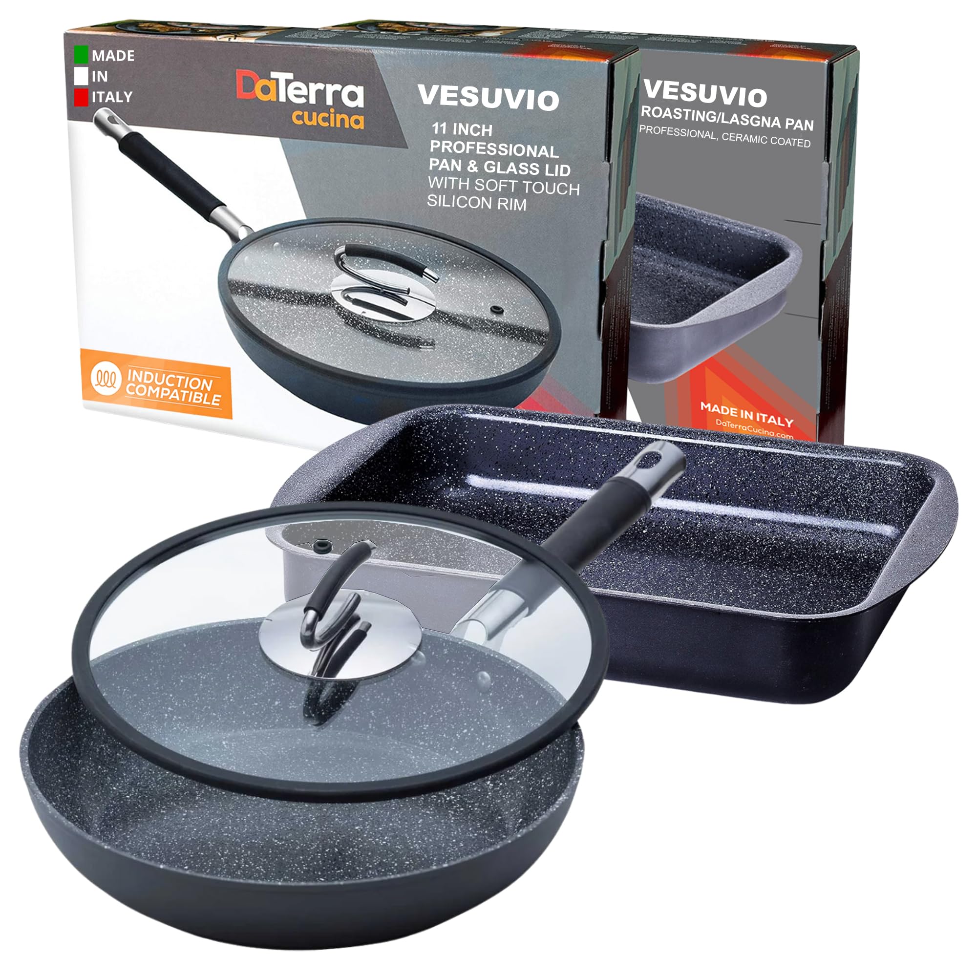 DaTerra Cucina Nonstick Supper Bundle – 11" Frying Pan with Lid & Roasting/Lasagna Pan – Oven Safe, Durable & Stylish - PTFE & PFOA Free Cookware Set - Made in Italy, Volcanic Black Speckled Ceramic