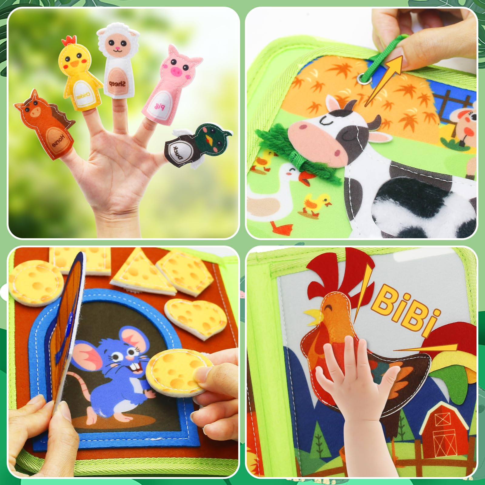 Busy Board à partir de 1 an- Livre d'occupations pour tout-petits- Livre d'activités en feutre DIY- Livre d'images en tissu- Jouet éducatif préscolaire Livre d'occupations avec compétences de (vert)