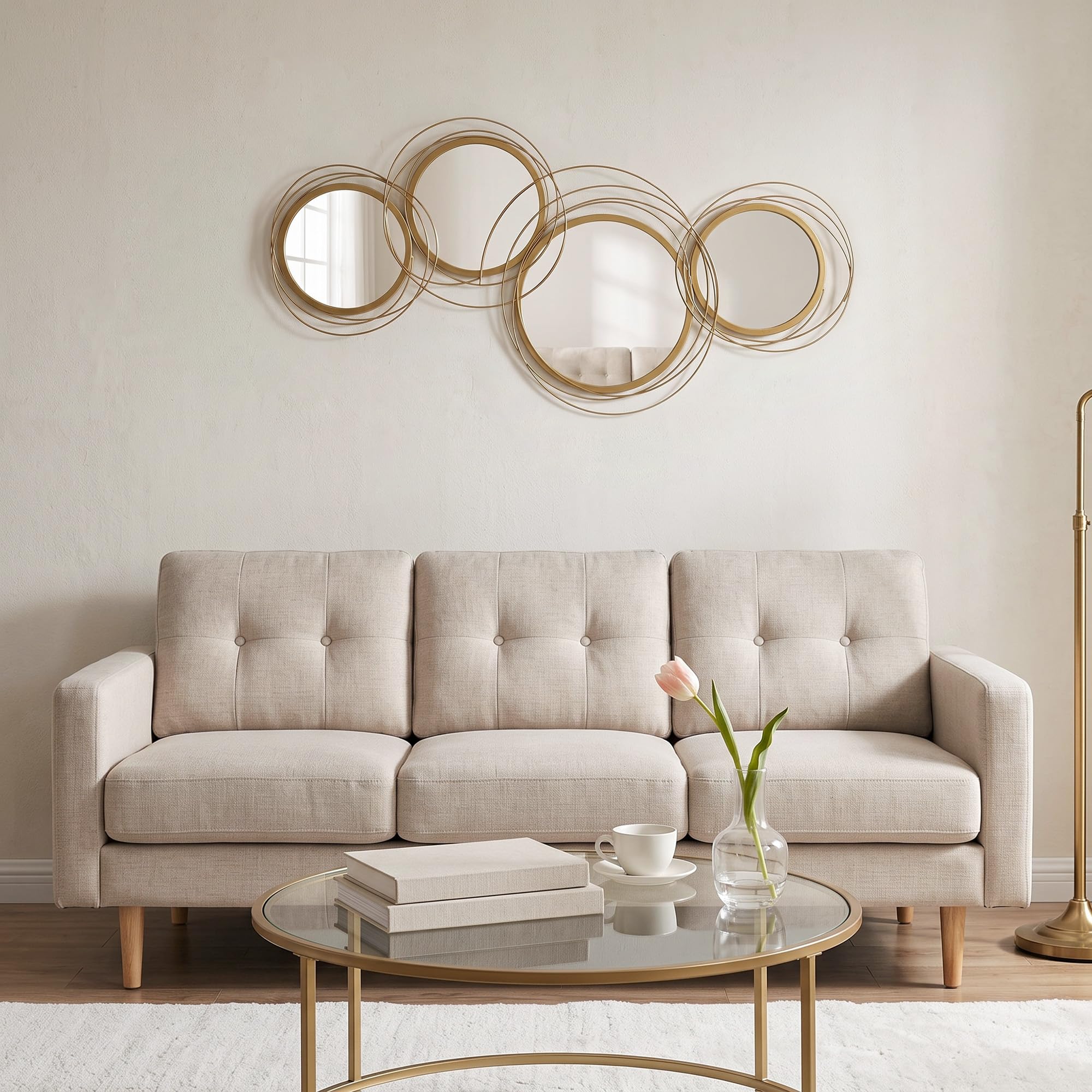 HOMCOM Decorazione Murale 3D in Metallo Wall Art a Cerchi 107x56cm Oro | Con Specchi