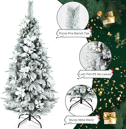 Miniatura 58 de Goplus Árbol de Navidad artificial flocado de nieve de 6 pies, árbol de Navidad con bisagras con soporte de metal plegable, bayas blancas y flores