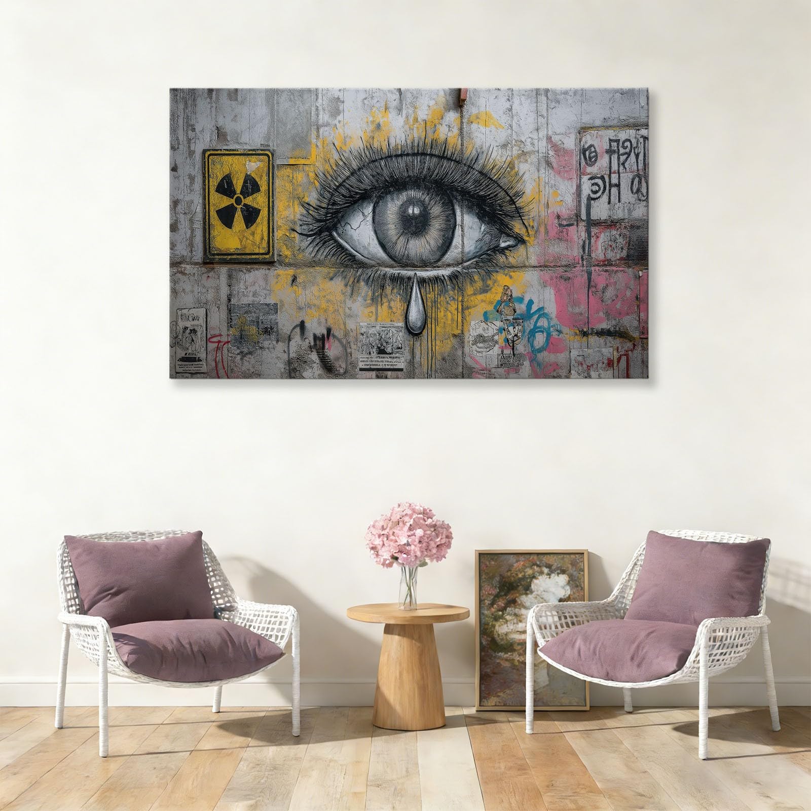 Graffiti Eye Canvas Wall Art, stampe su tela retrò City Street per soggiorno, camera da letto, ufficio, grigio impermeabile immagini da parete per bagno, 99 x 50 cm, senza cornice