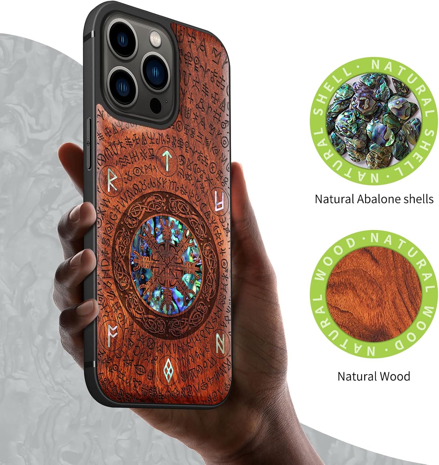 Carveit Designer Wooden Protective Case for iPhone 13 Pro Magnetic Cover [Wood Engraving & Shell Inlay] Wood Phone Case Compatible with 13 Pro MagSafe 6.1 Inch (Viking-Rosewood)
