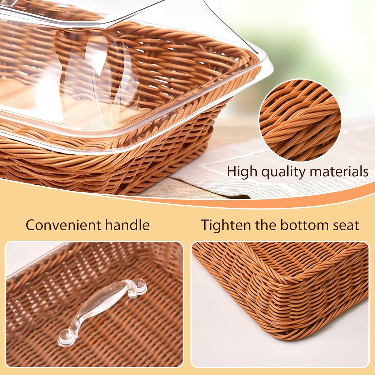 AstraLoom 2 Pcs Imitation Rattan Bread Baskets with Acrylic Lids, 13.8 x 9.8 x 5.9 Inches, Tabletop Serving Basket for Food & Fruit, Kitchen & Dining Room Storage(Brown)