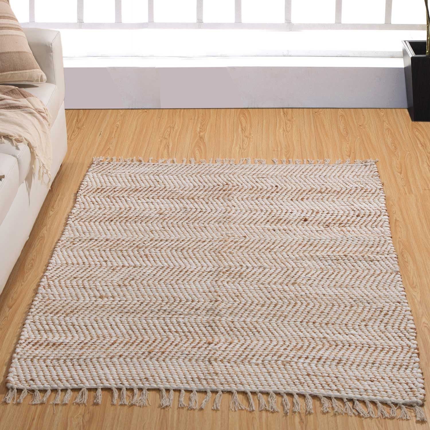 Homescapes Chindi-Teppichläufer Horizon 66x200 cm, handgewebter Teppich im Flickenteppich-Stil mit Zickzack-Muster, Flachgewebe aus Hanf & Baumwolle, Creme-Natur