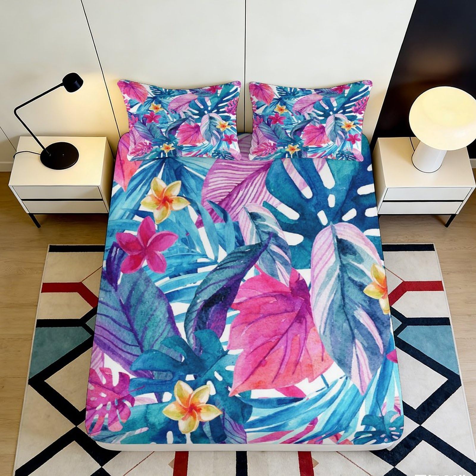 3D Printed Tropical Floral Fitted Sheet Microfiber Non-Slip Mattress Cover for Bedroom Dorm Guest Room Vibrant Leaves Decoration 180x200x25cm