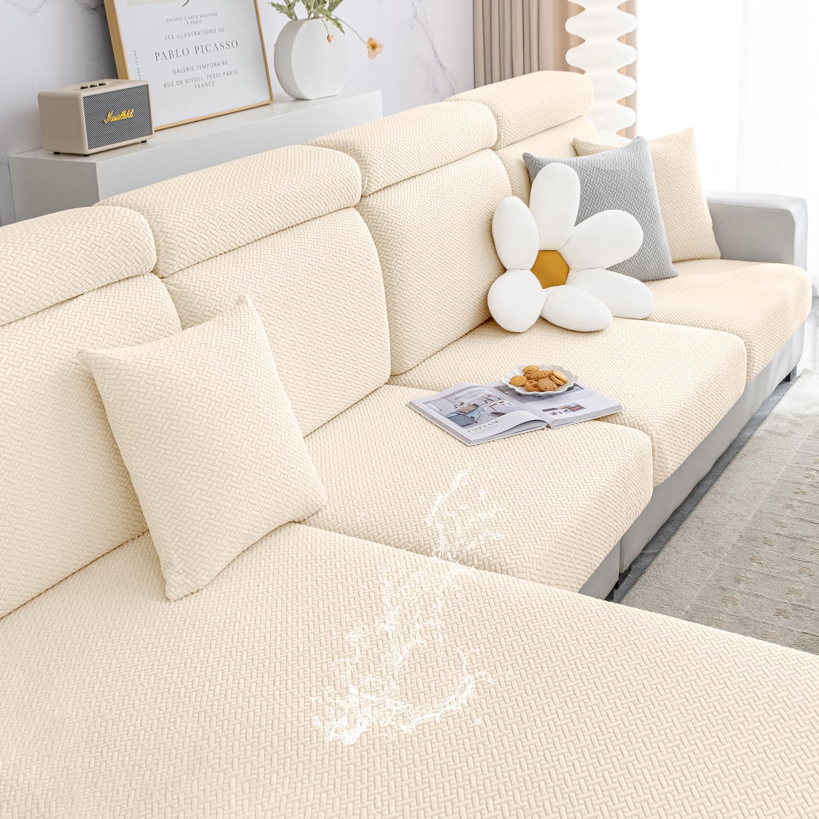 smiry Waterproof Couch Cushion Covers, Stretch Jacquard Thick Sofa Cushion Covers, Washable Seat Cover Slipcover Elastic Furniture Protector for Pets, Kid (2PC, Beige)