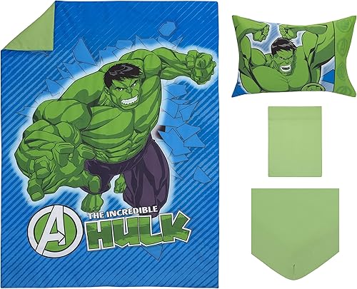 Miniatura 8 de Marvel The Incredible Hulk - The Big Guy - Juego de cama infantil de 4 piezas azul y verde - edredón, sábana bajera ajustable, sábana encimera y