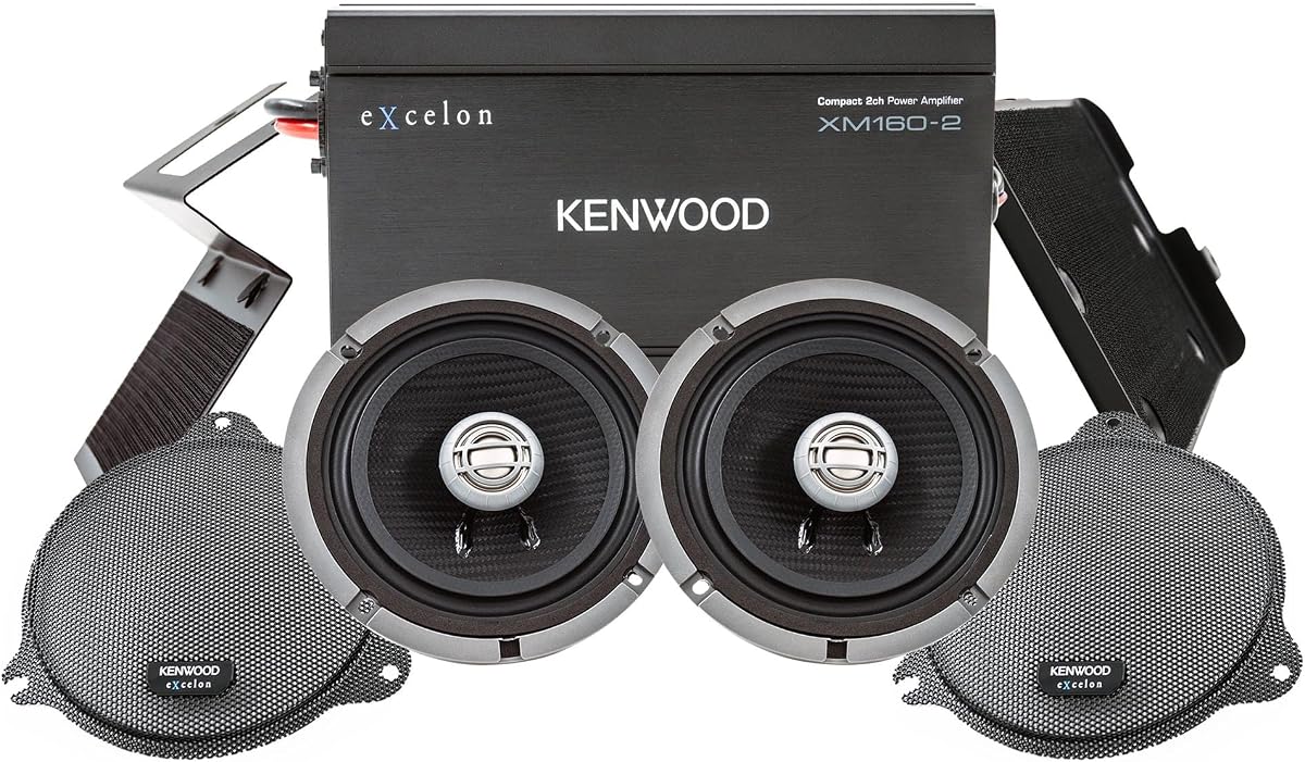 Kenwood Excelon P-HD1F Paquete de audio frontal para modelos Harley-Davidson seleccionados de 2014 en adelante - (1) amplificador de audio XM160-2, (2) par de altavoces para motocicleta Excelon XM65F de 6.5", incluye placas de montaje y rejillas