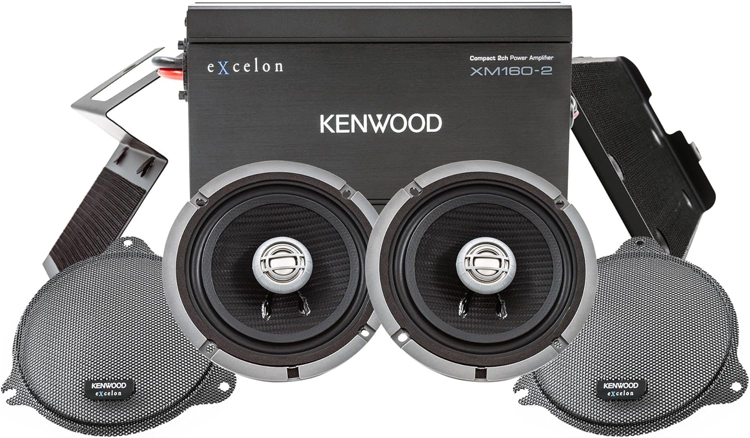 Kenwood Excelon P-HD1F Front Audio Package for Select 2014-Up Harley-Davidson Models - (1) XM160-2 Audio Amplifier, (2) 6.5" Excelon XM65F Motorcycle Speaker Pair, Includes Mounting Plates & Grilles