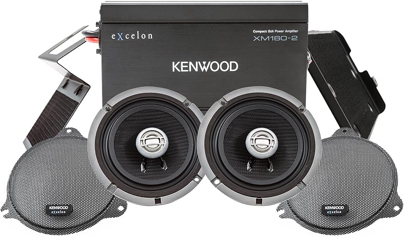 Kenwood Excelon P-HD1F Paquete de audio frontal para modelos Harley-Davidson seleccionados de 2014 en adelante - (1) amplificador de audio XM160-2, (2) par de parlantes para motocicleta Excelon XM65F de 6.5", incluye placas de montaje y rejillas