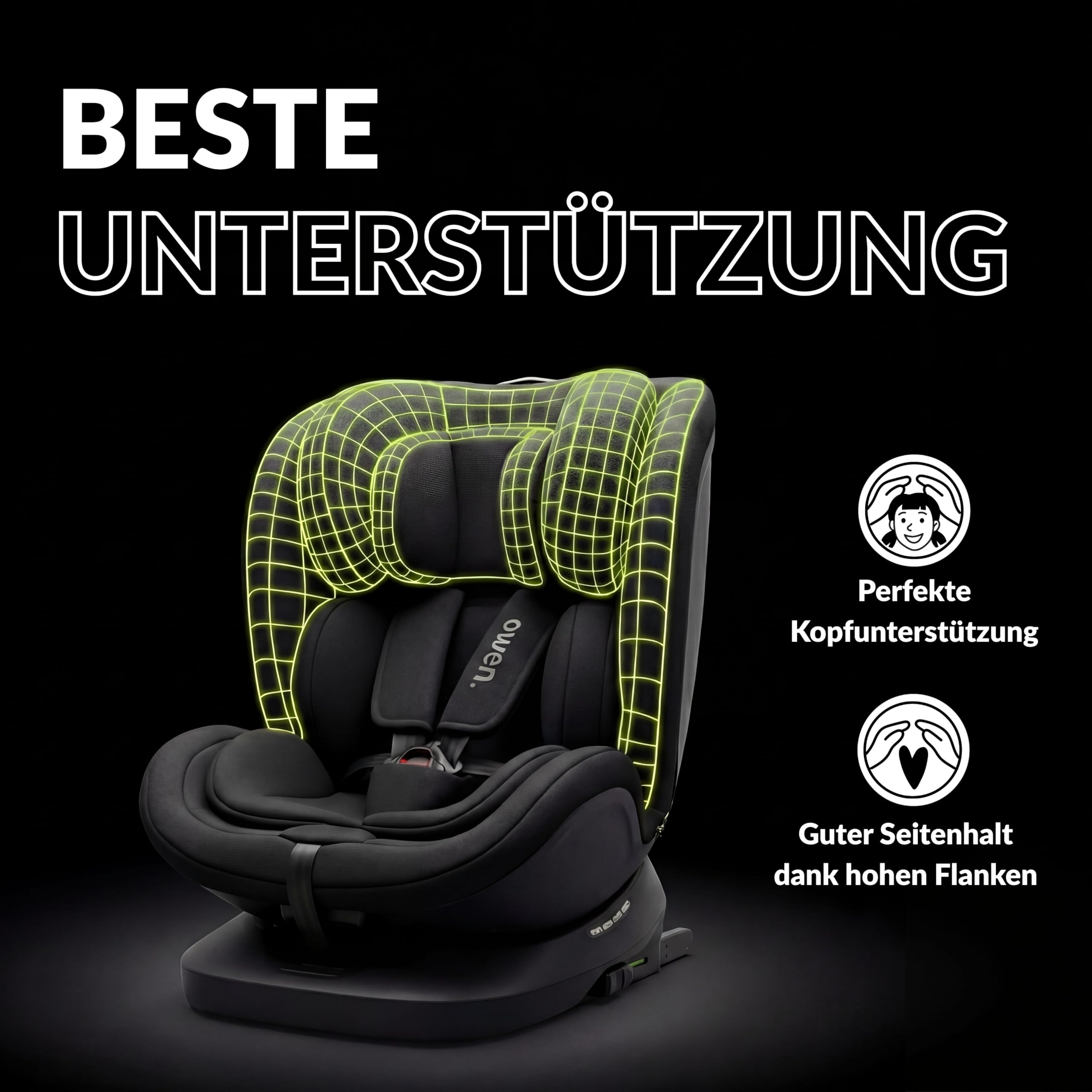 OWEN 360Comfy Kindersitz 360° drehbar Isofix Reboarder 0-36 kg – Schwarz | ECE R129 i-Size geprüft (40-150 cm, 0-12 J.) – Seitenaufprallschutz, Sonnenverdeck, 360° drehbar & rückwärtsgerichtet